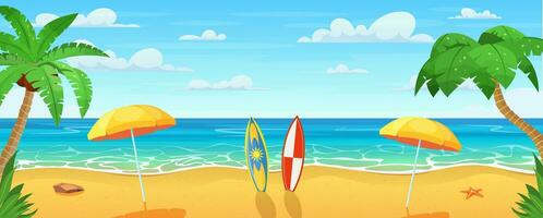 Summertime on the beach with many surfboards. cartoon Palms and plants around. Summer vacation on sea coast. Tropical paradise sandy beach, palm trees and sea. Vector illustration in flat style