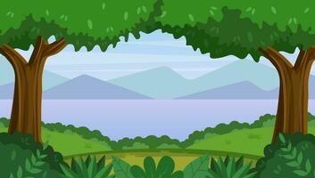 Cartoon Mountain landscape with summer forest. countryside beautiful nature with green trees, river lake water, silhouettes of mountains. Vector illustration in flat style