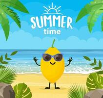 gracioso verano bandera con Fruta caracteres. tropical playa. verano paisaje. dibujos animados limón caracteres tropical playa. vector ilustración en plano estilo