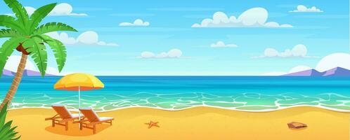 Sea beach and sun loungers. Seascape, vacation banner. Summertime on the beach. cartoon Palms and plants around. Summer vacation on sea coast. Vector illustration in flat style