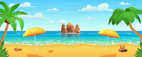 Sea panorama. Tropical beach. Seascape, vacation banner. Summertime on the beach. cartoon Palms and plants around. Vector illustration in flat style