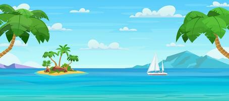 Cartoon tropical island with palm trees. Island in ocean, uninhabited isle with beach, rocks surrounded with sea water and cloudy sky above. Tropical landscape. Vector illustration in flat style