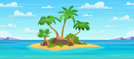 Cartoon tropical island with palm trees. Island in ocean, uninhabited isle with beach, rocks surrounded with sea water and cloudy sky above. Tropical landscape. Vector illustration in flat style