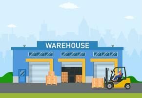 Warehouse industry with storage buildings, forklift and rack with boxes. The loader carries goods to the warehouse. Distribution logistic and cargo delivery concept. Vector illustration in flat style