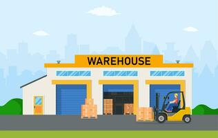 Warehouse industry with storage buildings, forklift and rack with boxes. The loader carries goods to the warehouse. Distribution logistic and cargo delivery concept. Vector illustration in flat style