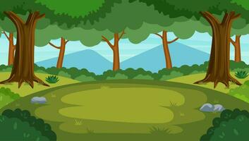 Cartoon forest background, nature landscape with deciduous trees, green grass, bushes. Scenery view, summer or spring wood. Vector illustration in flat style