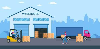 Warehouse industry with storage buildings, trucks, forklift and rack with boxes. Distribution logistic and cargo delivery concept. Vector illustration in flat style