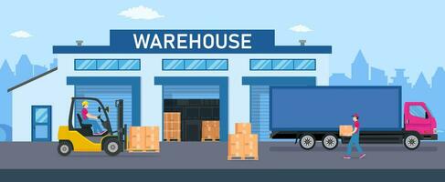 Warehouse industry with storage buildings, trucks, forklift and rack with boxes. Distribution logistic and cargo delivery concept. Vector illustration in flat style