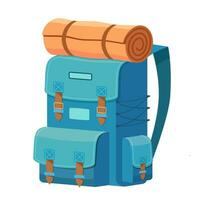 Cartoon camping Backpack with roll mat Travel and Tourism icon isolated on white background. Outfit of traveler. Hiking travel. Vector illustration in flat style