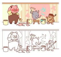 Fun coloring page of piglet and hamsters paint walls. Cute characters is doing repair in room. Funny vector. vector