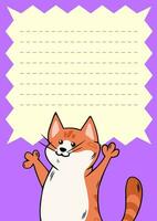 Notebook page with red happy cat. Template in colorful cartoon style. Doodle pet animal vector