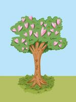 árbol con corazón conformado Fruta vector ilustración aislado en llanura cielo y césped de colores vertical antecedentes. sencillo plano dibujos animados estilizado dibujo. febrero San Valentín día temática Arte.