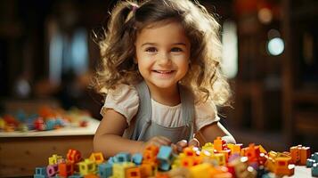 ai generado pequeño sonriente contento alegre niña niño jugando con juguetes el plastico vistoso cubitos construcción conjunto a hogar ai generado imagen foto