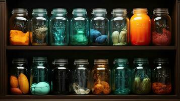 AI generated Many colorful colored glass jars with ingredients AI generated image photo