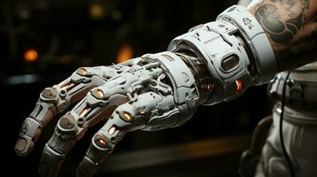 AI generated Modern high-tech medical cybernetic bionic hand prostheses, artificial substitutes for damaged or missing upper limbs. AI generated image photo