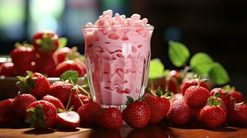 AI generated Strawberry creamy drink cocktail with cream in a glass and strawberries AI generated image photo