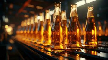 AI generated Glass beer bottles on a bottling conveyor line in a beverage brewery AI generated image photo