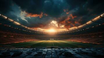 AI generated Large sports football stadium at sunset, view from the stands for fans on the football field photo