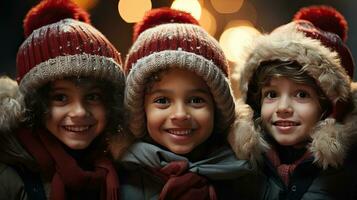 ai generado contento niños en calentar sombreros sonrisa y alegrarse en invierno y nieve y nuevo años Navidad milagro y belleza ai generado imagen foto