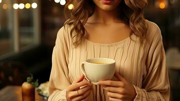 AI generated A cup of hot coffee in the hands of a young woman in a warm cozy sweater AI generated image photo