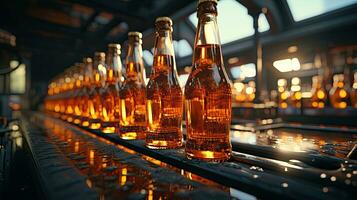 AI generated Glass beer bottles on a bottling conveyor line in a beverage brewery AI generated image photo