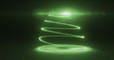 Abstract green flying line of dots and luminous particles of energetic magical bright spirals in the shape of a Christmas New Year tree photo