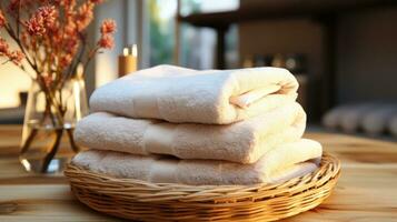 AI generated Clean Dry Soft Cotton Fluffy Neatly Folded Towels for Shower Bath and Spa AI generated image photo