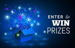 Open blue Gift Box and Confetti on blue background. Enter to Win Prizes. Vector Illustration