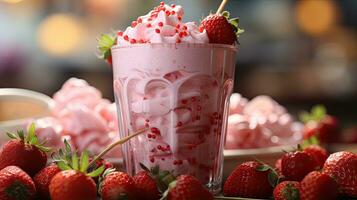 AI generated Strawberry creamy drink cocktail with cream in a glass and strawberries photo