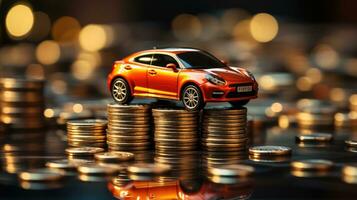 AI generated New modern car stands on a stack of gold coins money, concept of buying a car, car loan and leasing photo