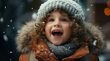 ai generado pequeño contento chico niño en un calentar sombrero sonrisas y se regocija en invierno y nieve y nuevo años Navidad milagro y belleza foto