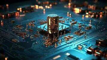 AI generated Modern computer board microcircuit microchip motherboard with processor and transistors electronics and computer components photo