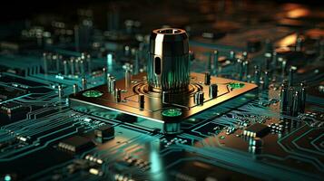 AI generated High tech computer chip motherboard with processor transistors microchips, computer IT data security concept, abstract background photo