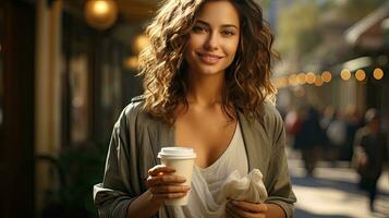 AI generated Beautiful young woman with a glass of coffee to go in a big city, woman drinks coffee on the go photo