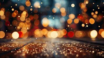 AI generated Abstract festive background with blurred bokeh lights and candle lanterns photo