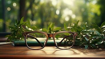 ai generado lentes para leyendo libros en un mesa en contra un antecedentes de verde natural hojas en un natural antecedentes foto