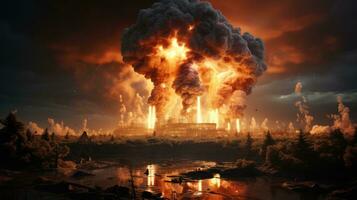 AI generated Powerful big explosion of an atomic bomb, a nuclear explosion during a war with the destruction of a city and buildings after being bombed by missiles photo