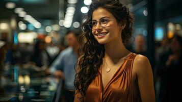 AI generated Beautiful happy young woman wearing fashionable glasses in an optics store photo