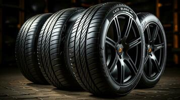 AI generated New car wheels with rims and black rubber tires photo