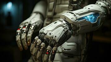 AI generated Modern high-tech medical cybernetic bionic hand prostheses, artificial substitutes for damaged or missing upper limbs. photo