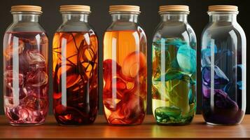 AI generated Many colorful colored glass jars with ingredients photo