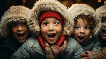 ai generado contento niños en calentar sombreros sonrisa y alegrarse en invierno y nieve y nuevo años Navidad milagro y belleza foto