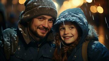 ai generado contento familia soltero padre y niños en calentar sombreros sonrisa y alegrarse a invierno y nieve y nuevo años Navidad milagro y belleza foto