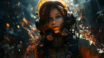 AI generated Beautiful female astronaut in a protective suit in a pilot spacesuit with helmet and mask photo