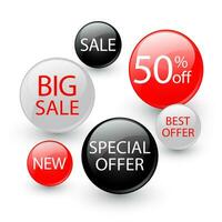 Set of glossy sale buttons or badges. Product promotions. Big sale, special offer, hot price. Vector