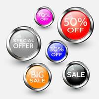 Set of glossy sale buttons or badges. Product promotions. Big sale, special offer, hot price. Vector