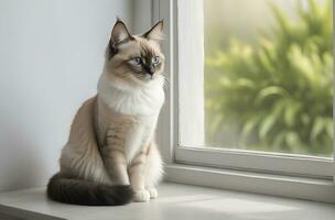 AI generated image of a cute cat seated on a windowsill photo