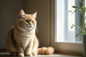 AI generated image of a cute cat seated on a windowsill photo