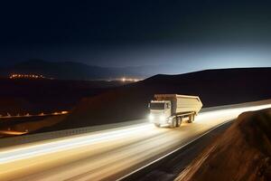 AI generated Semi TrailerTrucks Parked with The Sunset Sky. Shipping Cargo Container. Truck Wheels Tires. photo