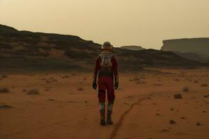 ai generado valiente astronauta en el espacio traje explora rojo planeta Marte cubierto en neblina. aventura. espacio viajar. neural red ai generado foto